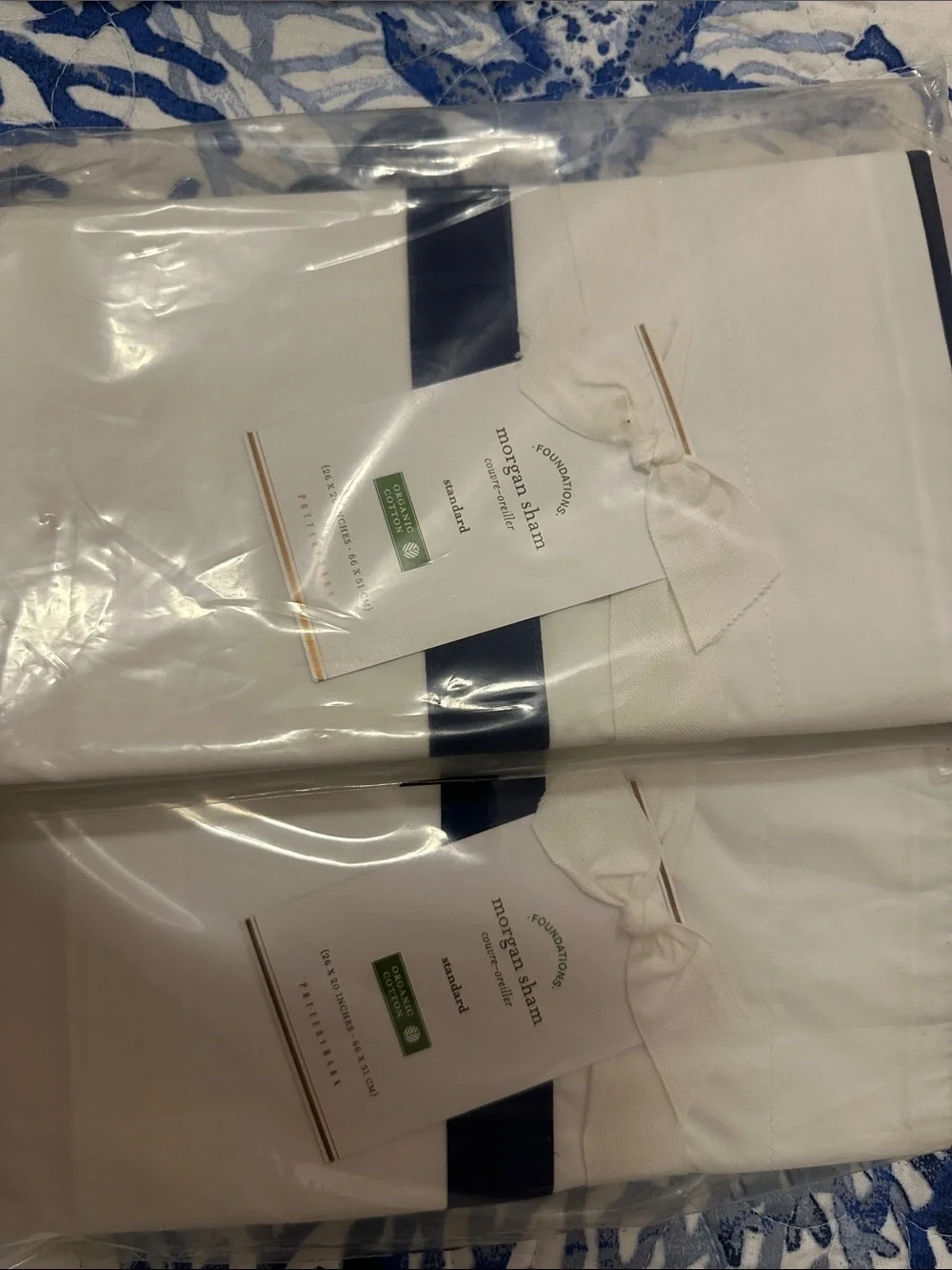 Pottery Barn Morgan Duvet Cover Set with Navy Trim and Navy Quilted Shams